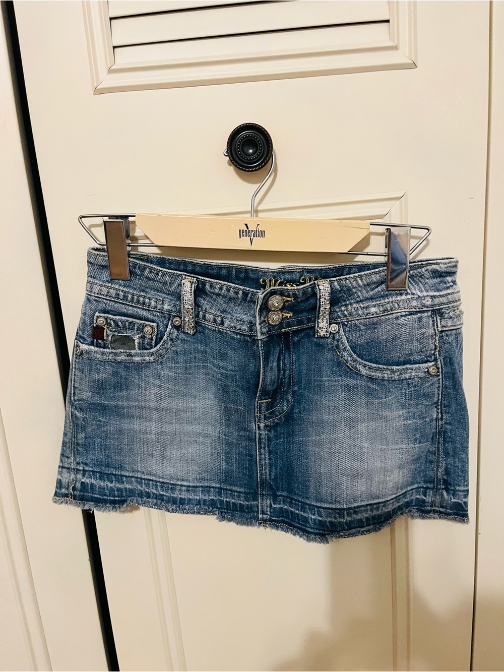 Miss Me Blue Denim Mini Skirt with Green Camo Trim - Picture 2 of 3